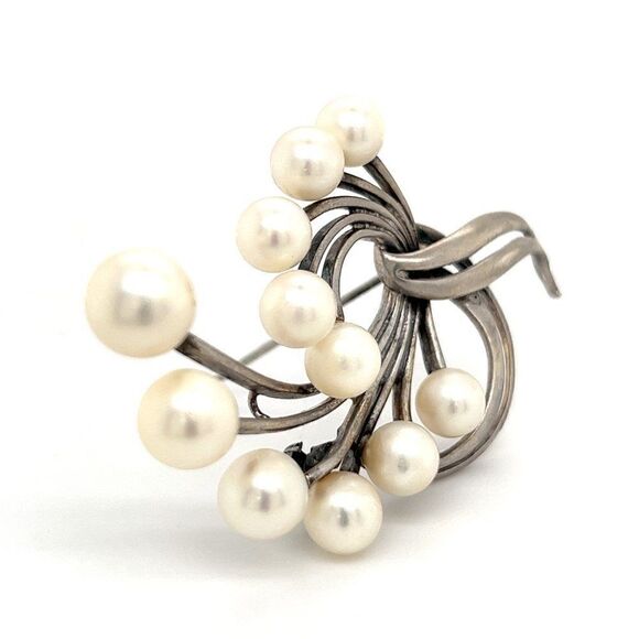 Mikimoto Estate Akoya Pearl XL Spray Brooch Sterling Silver 7.62 mm M265 - Picture 12 of 13